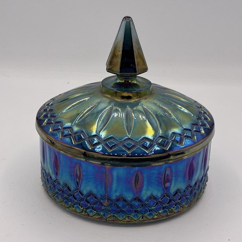 Carnival Glass Iridescent Blue Candy Trinket Dish Diamond Indiana Glass W Lid